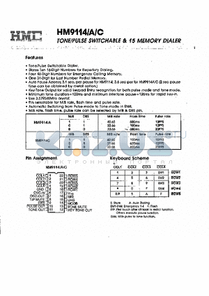 HM9114C datasheet - TONE/PULSE SWITCHABLE & 15 MEMORY DIALER