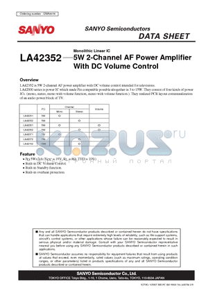 LA42352 datasheet - Monolithic Linear IC 5W 2-Channel AF Power Amplifier With DC Volume Control