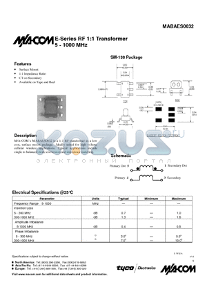 MABAES0032 datasheet - E-Series RF 1:1 Transformer 5 - 1000 MHz