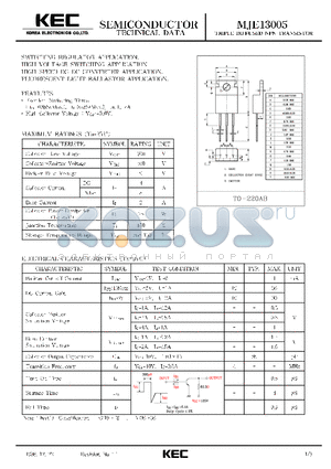 MJE13005 datasheet - TRIPLE DIFFUSED NPN TRANSISTOR (SWITCHING REGULATOR, HIGH VOLTAGE SWITCHING, HIGH SPEED DC-DC CONVERTER, FLUORESCENT LIGHT BALLSTOR)