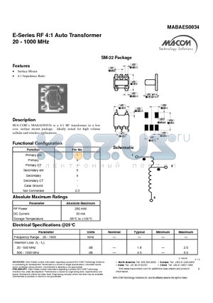 MABAES0034 datasheet - E-Series RF 4:1 Auto Transformer 20 - 1000 MHz