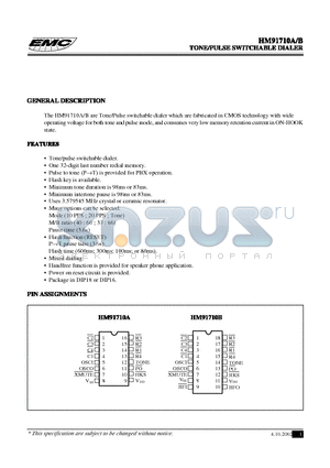 HM91710B datasheet - TONE/PULSE SWITCHABLE DIALER