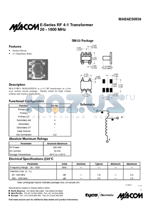 MABAES0034 datasheet - E-Series RF 4:1 Transformer 20 - 1000 MHz