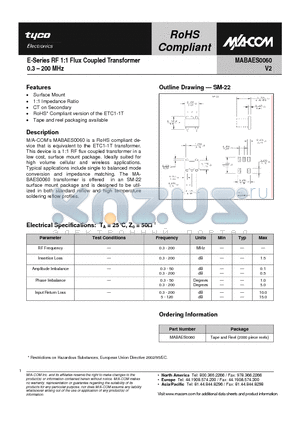 MABAES0060 datasheet - E-Series RF 1:1 Flux Coupled Transformer 0.3 - 200 MHz
