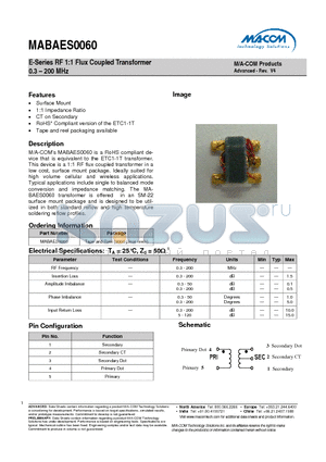 MABAES0060 datasheet - E-Series RF 1:1 Flux Coupled Transformer 0.3 - 200 MHz