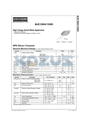 MJE13005 datasheet - High Voltage Switch Mode Application