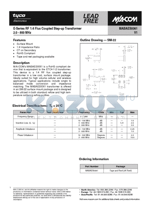 MABAES0061 datasheet - E-Series RF 1:4 Flux Coupled Step-up Transformer 2.0 - 800 MHz