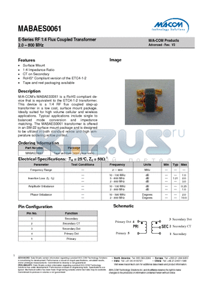 MABAES0061 datasheet - E-Series RF 1:4 Flux Coupled Transformer 2.0 - 800 MHz