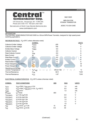 MJE13005 datasheet - NPN SILICON POWER TRANSISTOR JEDEC TO-220 CASE