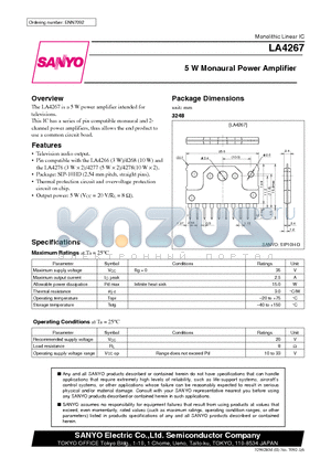 LA4267 datasheet - 5 W Monaural Power Amplifier