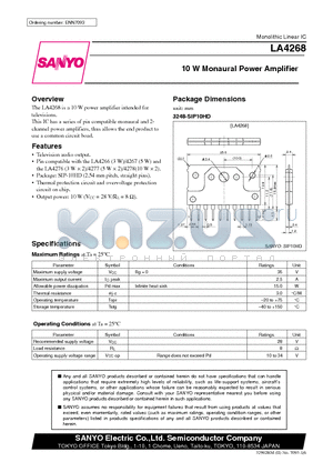 LA4268 datasheet - 10 W Monaural Power Amplifier