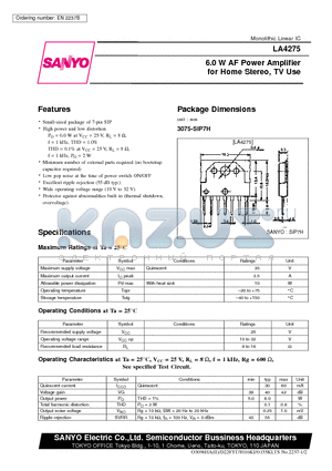LA4275 datasheet - 6.0 W AF Power Amplifier for Home Stereo, TV Use