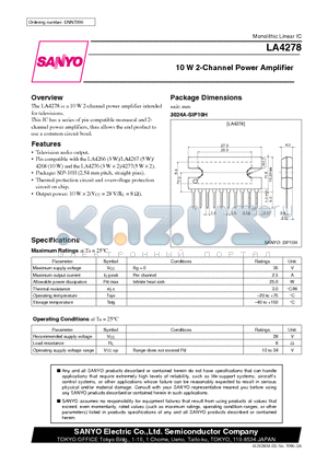 LA4278 datasheet - 10 W 2-Channel Power Amplifier