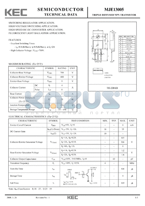 MJE13005 datasheet - TRIPLE DIFFUSED NPN TRANSISTOR