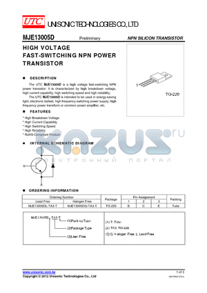 MJE13005D datasheet - HIGH VOLTAGE FAST-SWITCHING NPN POWER TRANSISTOR