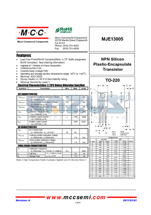 MJE13005 datasheet - NPN Silicon Plastic-Encapsulate Transistor