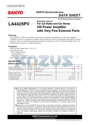 LA4425PV datasheet - Monolithic Linear IC For Car Radio and Car Stereo 5W Power Amplifier with Very Few External Parts