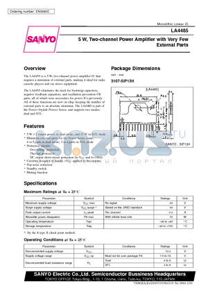 LA4485 datasheet - 5 W, Two-channel Power Amplifier with Very Few External Parts