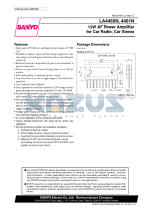 LA4461N datasheet - 12W AF Power Amplifier for Car Radio, Car Stereo