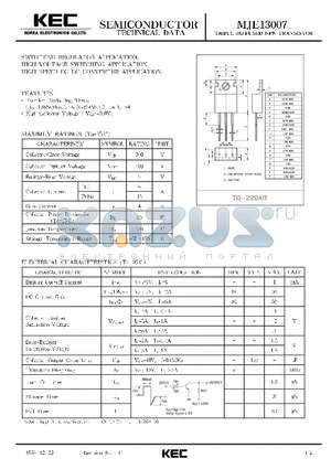 MJE13007 datasheet - TRIPLE DIFFUSED NPN TRANSISTOR (SWITCHING REGULATOR, HIGH VOLTAGE SWITCHING, HIGH SPEED DC-DC CONVERTER)