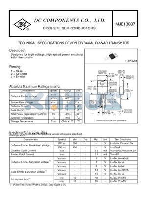 MJE13007 datasheet - TECHNICAL SPECIFICATIONS OF NPN EPITAXIAL PLANAR TRANSISTOR