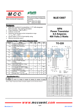 MJE13007 datasheet - NPN Power Transistor 8.0 Amperes 400 Volts 2 Watts