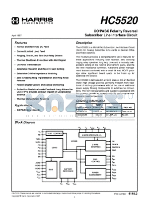 HC5520 datasheet - CO/PABX Polarity Reversal Subscriber Line Interface Circuit