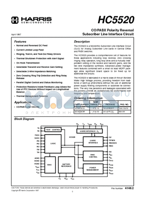 HC5520CQ datasheet - CO/PABX Polarity Reversal Subscriber Line Interface Circuit