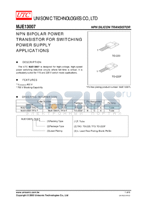 MJE13007-TA3-T datasheet - NPN BIPOLAR POWER TRANSISTOR FOR SWITCHING POWER SUPPLY APPLICATIONS