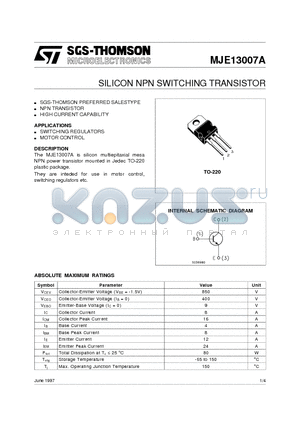 MJE13007A datasheet - SILICON NPN SWITCHING TRANSISTOR