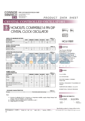 HC61R8R datasheet - 5.0V HCMOS/TTL COMPATIBLE14 PIN DIP CRYSTAL CLOCK OSCILLATOR