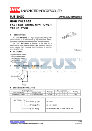 MJE13009D datasheet - HIGH VOLTAGE FAST-SWITCHING NPN POWER TRANSISTOR