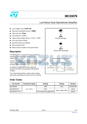 MC33078 datasheet - Low Noise Dual Operational Amplifier
