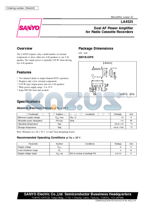 LA4525 datasheet - Dual AF Power Amplifier for Radio Cassette Recorders