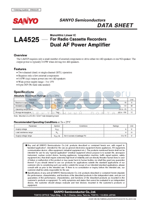LA4525_08 datasheet - For Radio Cassette Recorders Dual AF Power Amplifier