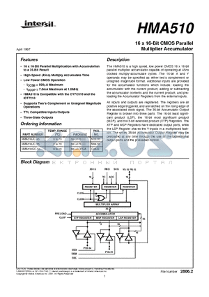 HMA510 datasheet - 16 x 16-Bit CMOS Parallel Multiplier Accumulator