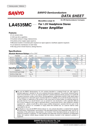 LA4535MC datasheet - For 1.5V Headphone Stereo Power Amplifier