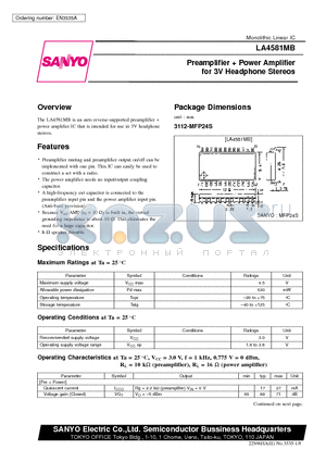 LA4581 datasheet - Preamplifier  Power Amplifier for 3V Headphone Stereos