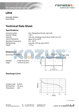 LR44 datasheet - Calculator Battery Swiss Made