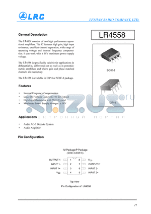 LR4558 datasheet - Internal Frequency Compensation High Input Resistance with 5MTypical