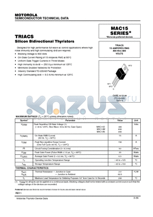 MAC15D datasheet - TRIACS 15 AMPERES RMS 400 thru 800 VOLTS