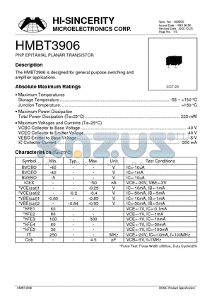 HMBT3906 datasheet - PNP EPITAXIAL PLANAR TRANSISTOR