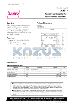 LA4613 datasheet - Audio Power Amplifier for Radio Cassette Recorders