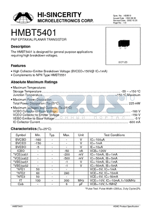 HMBT5401 datasheet - PNP EPITAXIAL PLANAR TRANSISTOR