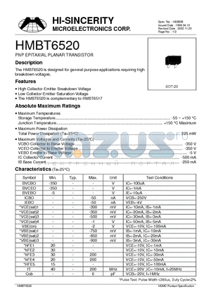 HMBT6520 datasheet - PNP EPITAXIAL PLANAR TRANSISTOR