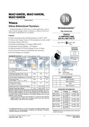 MAC16HCDG datasheet - Triacs Silicon Bidirectional Thyristors