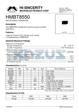 HMBT8550 datasheet - PNP EPITAXIAL PLANAR TRANSISTOR