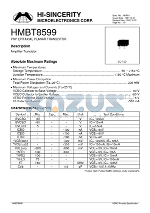 HMBT8599 datasheet - PNP EPITAXIAL PLANAR TRANSISTOR