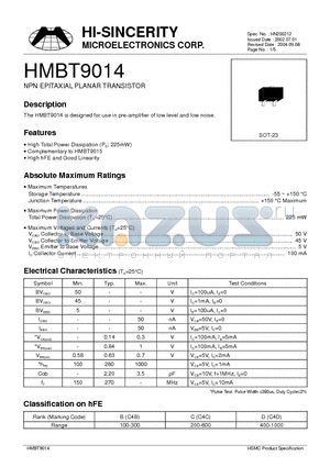 HMBT9014 datasheet - NPN EPITAXIAL PLANAR TRANSISTOR