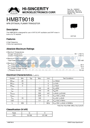 HMBT9018 datasheet - NPN EPITAXIAL PLANAR TRANSISTOR